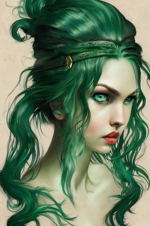 Image similar to green hair tattooed pinup hannah murray, rogue bard, dnd, deep focus, turnaround, fantasy, intricate, elegant, highly detailed, digital painting, artstation, concept art, matte, sharp focus, illustration, hearthstone, art by artgerm and greg rutkowski and alphonse mucha.