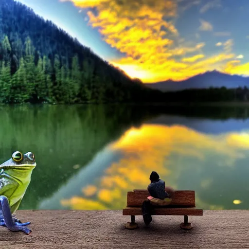 Prompt: frog sitting on a bench next to a lake in the mountains watching a beautiful sunset, photorealistic