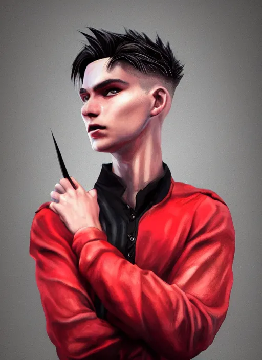 Image similar to An epic fantasy comic book style portrait painting of a young man with black and red cowlick undercut haircut, wearing a red shirt, black overcoat, blue jeans. Unreal 5, DAZ, hyperrealistic, octane render, cosplay, RPG portrait, dynamic lighting