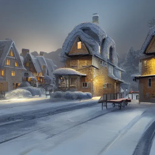 Image similar to a very realistic digital art rendering and concept design of a snowy village at dusk, with magnificent volumetric lighting, three dimensions, a digitally transformed environment, ui design, 3d modeling, illustration, and transport design