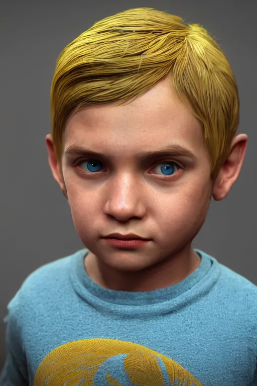 Image similar to hyperrealistic little boy close - up portrait, the portrait is decorated with art deco patterns, hyperrealistic, volumetric lighting, ultra detailed, elegant, octane render, blue and gold, 8 k, trending on artstation, unreal engine