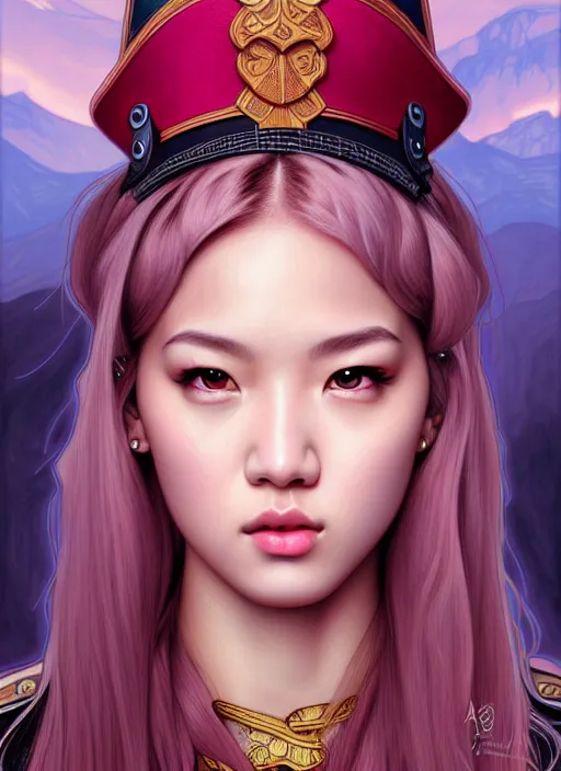 Image similar to jossi of blackpink, female soldier, tarot card, highly detailed, digital painting, smooth, sharp focus, illustration, ultra realistic, 8 k, art by artgerm and alphonse mucha