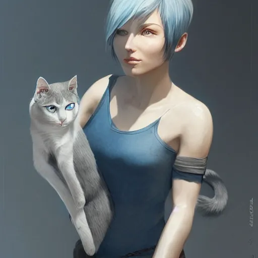 Prompt: A beautiful woman with blue short bob hair with bangs holding a grey and white cat, full body by Cedric Peyravernay, highly detailed, excellent composition, dramatic lighting, trending on ArtStation