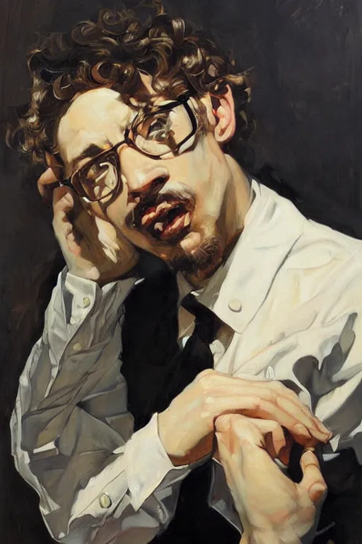 Image similar to sam hyde, painting by jc leyendecker!! phil hale!, angular, brush strokes, painterly, vintage, crisp