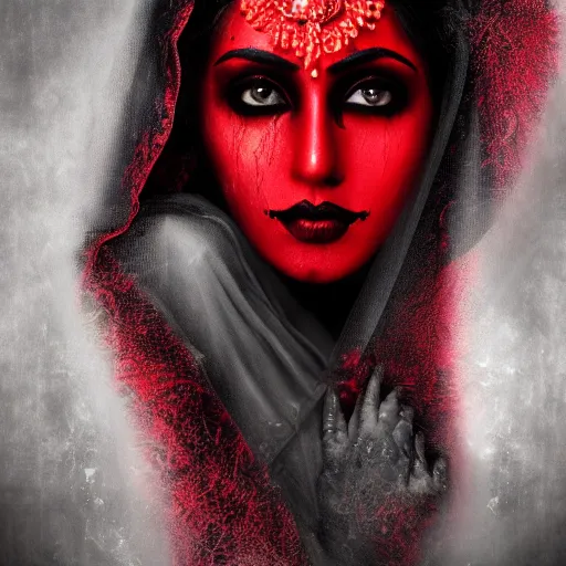 Prompt: beautiful Hindu lady of the dark with veil, in darkness, cover with a lot of red water, horror terrifying, surreal realistic, photorealistic, hyper details, full HD, 8k!