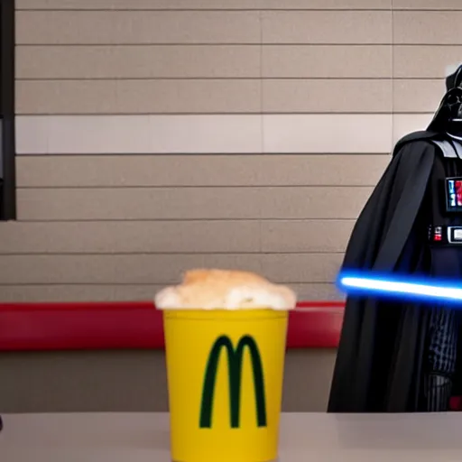 Prompt: A still of Darth Vader at McDonalds, 4k, photograph, ultra realistic, highly detailed, professional lighting