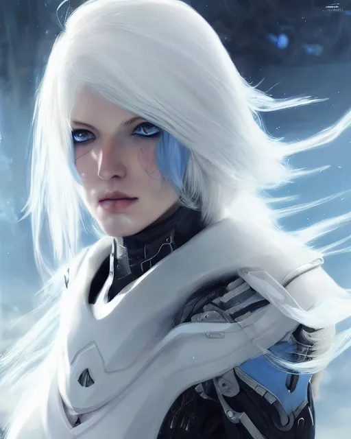 Image similar to perfect white haired girl, warframe armor, beautiful, pretty face, blue eyes, detailed, windy weather, scifi, platform, laboratory, experiment, 4 k, ultra realistic, epic lighting, high detail, masterpiece, by akihito tsukushi, charlie bowater, ross tran