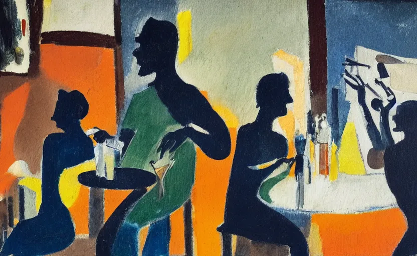 Prompt: oil painting in the style of john craxton sailors in the shadows of a pub. in the style of ivon hitchins. holding cigarettes. scratch. strong lighting. playing cards. brush. single flower. cheekbones. smokey bar. seated figure hands on table. eye. strong expressions on faces. line drawing.