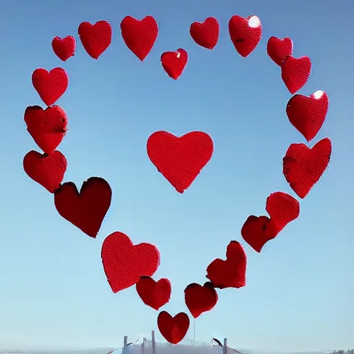 Image similar to “happy photo of twin peaks in San Francisco on a clear sunny day, surrounded by hearts in the sky”