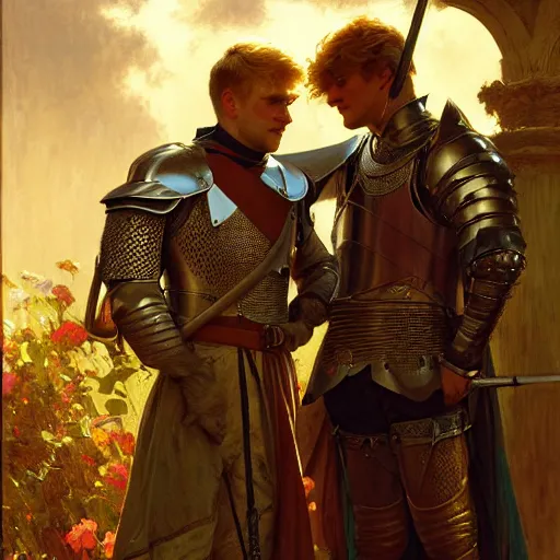 Image similar to attractive arthur pendragon and his attractive male knight, they are in love, natural lighting, path traced, highly detailed, high quality, digital painting, by gaston bussiere, craig mullins, alphonse mucha j. c. leyendecker