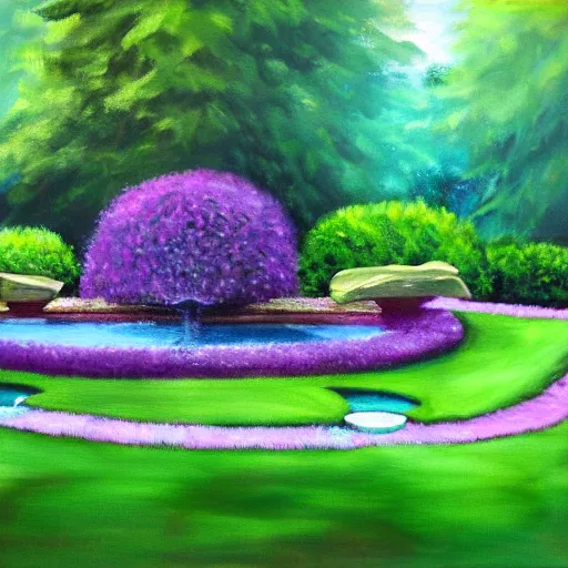 Prompt: tranquil painting of purple garden with green trees and a water fountain in the middle of garden, detailed, 8k, mesmerizing