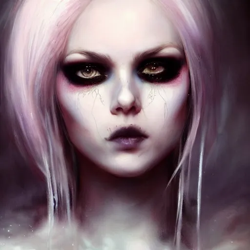 Image similar to a beautiful portrait of kerli koiv with pastel goth makeup, a detailed painting by greg rutkowski and raymond swanland and luis royo, featured on cgsociety, grimdark art, detailed painting, artstation hd, photorealistic