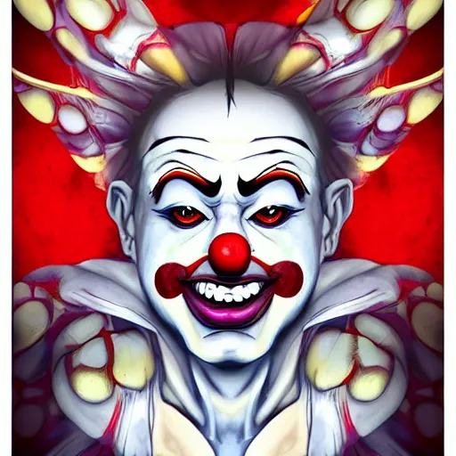 Image similar to 4K headshot of godlike clown with clown nose and defined arms and open hands and bloody clothes with giant mandala wings , intricate runny clown face make-up , flawless anime cel animation by Kentaro Miura, psychedelic , highly detailed upper body , professionally post-processed , beautiful, scary, symmetry accurate features, epic, octane rendered, anime masterpiece, accurate