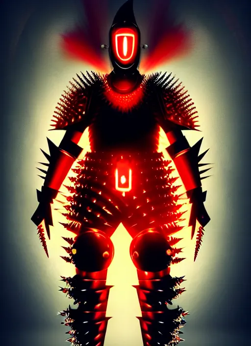 Image similar to a striking cinematic full body manga portrait of a long black haired masked male teenager wearing imposing red jagged spiked plate armour and glowing with raging powerful red energy by hirohiko araki and beeple, fine details, digital art, character concept art, volumetric lighting, cinematic light, photorealistic