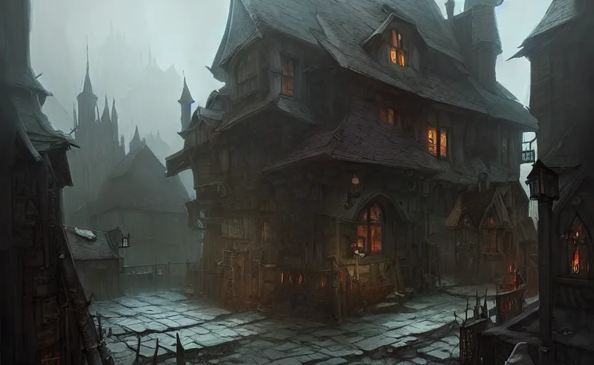 Image similar to epic concept art depicted an old medieval mystic town. art by jakub rebelka & tyler edlin & tomek setowski. dramatic mood, overcast mood, dark fantasy environment. trending on artstation, unreal engine, hyperreal movie shot