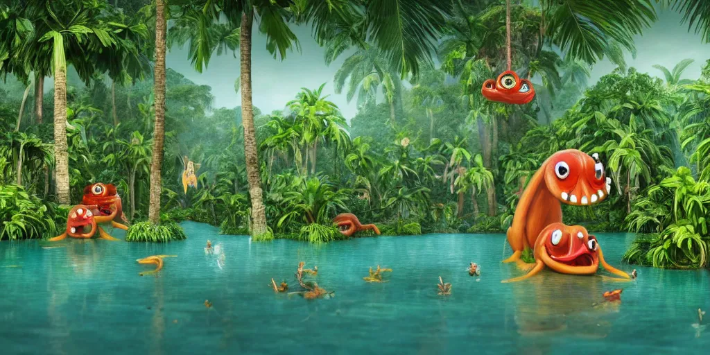 Image similar to of a tropical rainforest lake with strange cute friendly happy creatures with huge eyes, mouth, long tongue, round teeth and goofy face, appearing from the water, in the style of gehry and gaudi, macro lens, shallow depth of field, ultra detailed, digital painting, trending artstation, concept art, illustration, cinematic lighting, photorealism, epic, octane render