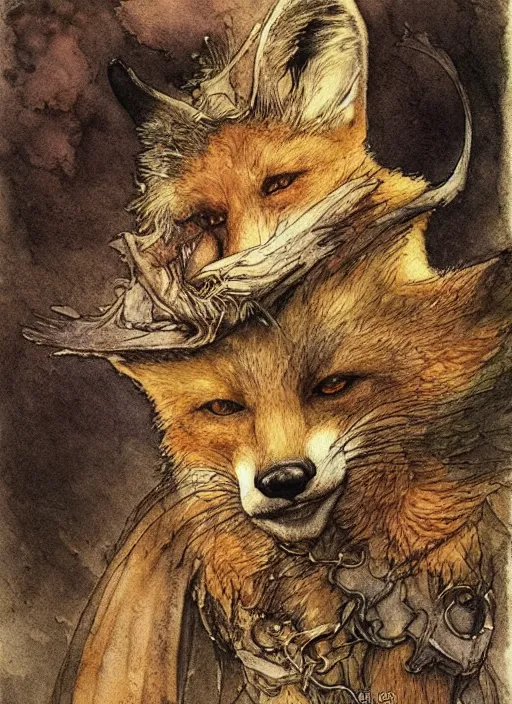 Prompt: portrait of a fox - faced theif, human features, dnd, gwelf, highly detailed, perfect lighting, watercolor and ink illustration, muted colors. perfect composition, 4 k, by brian froud, larry macdougall, jean - baptiste monge, arthur rackham