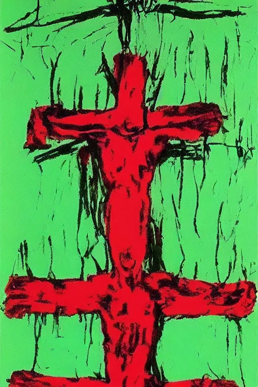 Image similar to green background with bloody christ crucified painted by cy twombly and andy warhol