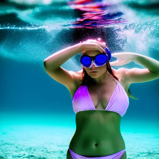 Image similar to a woman in bikini breaking the surface of the water, underwater photography with light scattering and water refractions, smooth