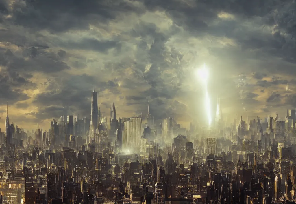 Prompt: a photograph of a nuclear warhead detonating over the manhattan skyline, ultrarealistic, trending on art station, octane render, dramatic concept art, 4k, high detail, volumetric lighting