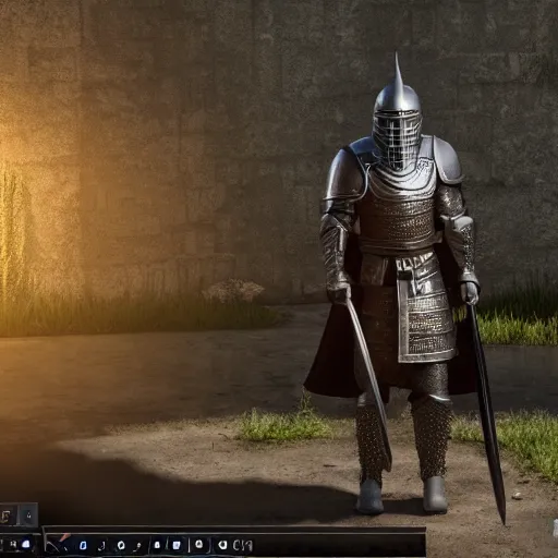 Image similar to a black knight standing in front of a village, full 8 k highly detailed unreal engine 5 render