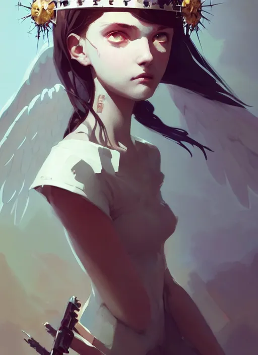 Image similar to portrait of cute angel maiden girl with crown of thorns and white short hairs, warhammer, cyberpunk, by atey ghailan, by greg rutkowski, by greg tocchini, by james gilleard, by joe gb fenton, by kaethe butcher, dynamic lighting, gradient light blue, brown, blonde cream and white color in scheme, grunge aesthetic