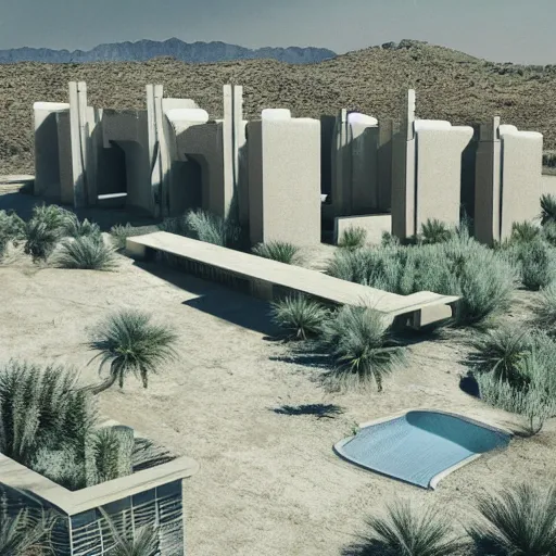 Image similar to architectural rendering of biophilia brutalism building in the desert, pool, garden