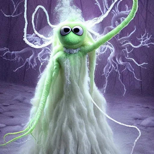 Prompt: an ethereal dream like fantasy fluffy ghost like spooky live action muppet wraith like figure with a squid like parasite latched as its head and four long tentacles for arms that flow gracefully at its sides like a cloak while it floats around a frozen rocky tundra in the snow searching for lost souls and that hides amongst the shadows in the trees, this character has cryokinesis and umbrakinesis and is a real muppet by sesame street for a spooky halloween special, photo realistic, real, realistic, felt, stopmotion, photography, sesame street