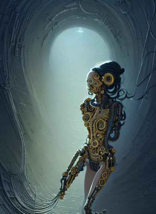 Image similar to highly detailed portrait of a biomechanical long curly white hair tribal lady, stray wiring by atey ghailan, james gilleard, by joe fenton, by greg rutkowski, by greg tocchini, by kaethe butcher, 4 k resolution, gradient yellow, black and white color scheme!!! ( ( dystopian robotic pyramid pouring sandfall background ) )