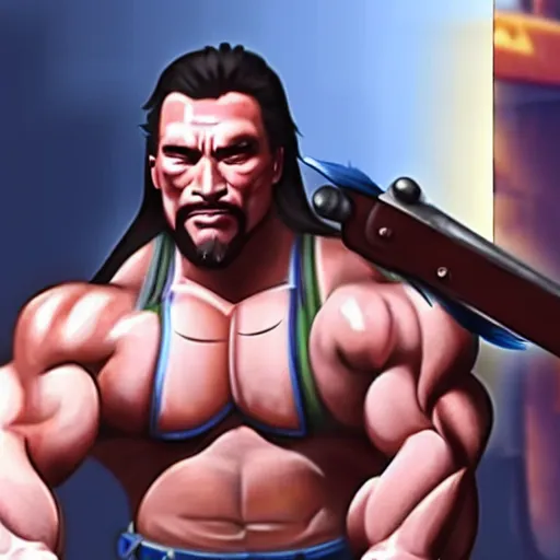 Image similar to a screenshot of arnold schwarzenegger as hanzo in overwatch