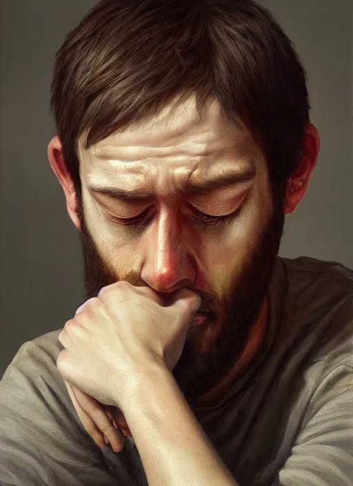 Image similar to insanely detailed portrait of a sleepy - looking programmer guy begging for forgiveness in front of his ultrawide monitor, oil on canvas, masterwork, fine detail, trending on artstation, emotive, insanely compelling, ryden, koons, moebius