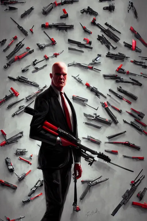 Image similar to an intricate and expressive portrait of agent 4 7 from hitman choosing a weapon from a wall full of guns, dark background, red rim light, highly detailed, digital art, artstation, concept art by giger stalenhag