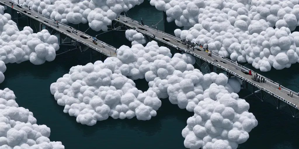 Image similar to explosions in the form of realistic white cotton plants on harbour bridge, huge white cotton everywhere on the destroyed harbour bridge, smooth, sharp focus, highly detailed, 3 d octane render, epic lighting, crazy atmosphere, lots of white cotton, 8 k, by goro fujita