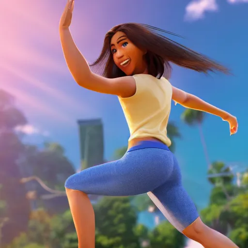 Image similar to young beautiful athletic Filipino woman with long hair posing, depicted as adult Pixar character, high quality cg render, 4k