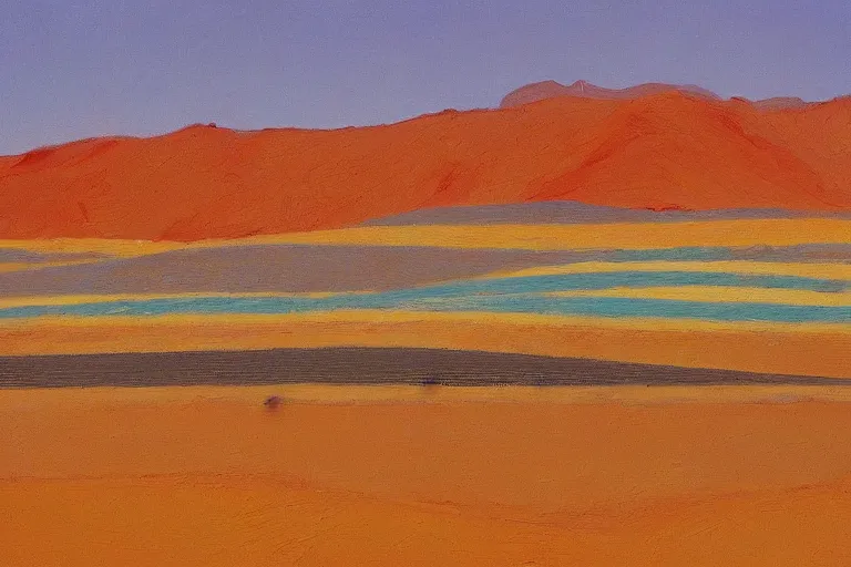 Image similar to a desert landscape by Wayne Thiebaud of desserts, cakes, layer cakes, cupcake, pies, in the desert landscape,