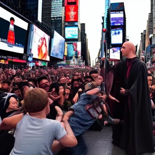 Image similar to a jedi in a battle with voldemort among the people in times square