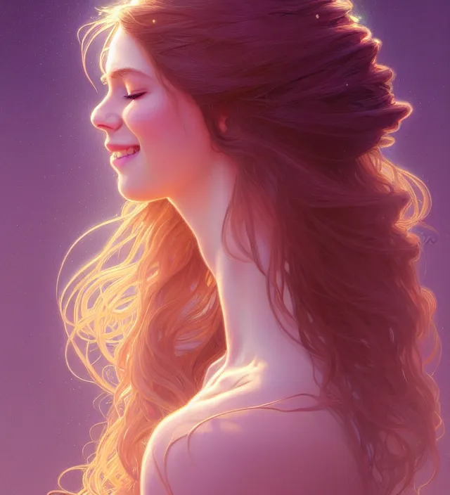 Prompt: symmetry!! portrait of hippie girl smiling, glowing hair!! serene, intricate, elegant, highly detailed, digital painting, artstation, concept art, smooth, sharp focus, illustration, art by artgerm and greg rutkowski and alphonse mucha, 8 k