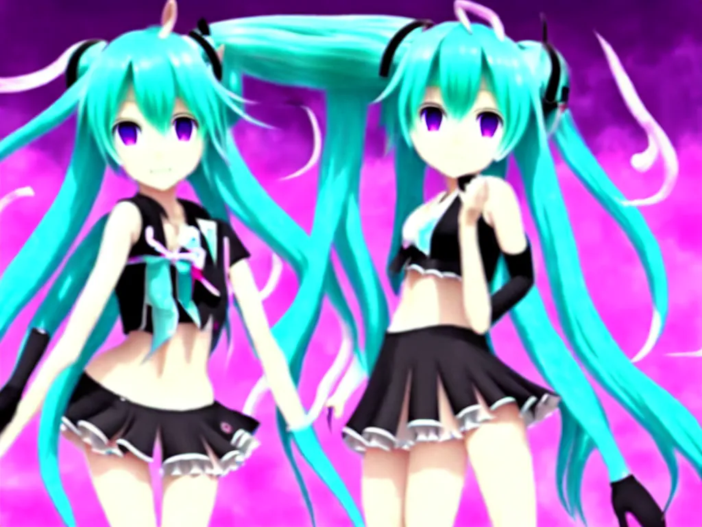 Image similar to hatsune miku dancing with the devil in hell