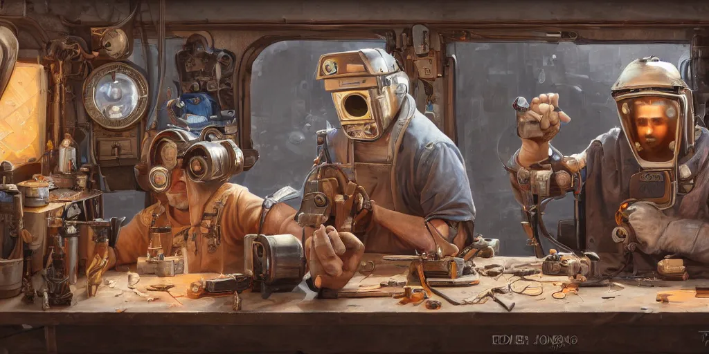 Image similar to highly detailed portrait painting of welder and angelina joile posing, mono eye window, workbench, symmetrical perfect eyes, by eddie mendoza and tyler edlin, 8 k resolution