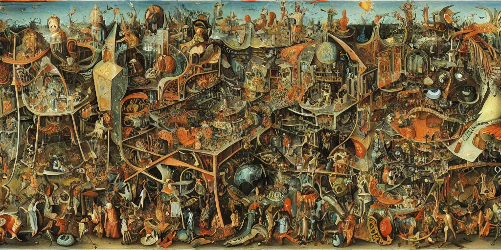 Prompt: wacky liminal funhouse megastructure in the style of heironymus bosch, intricate masterpiece, hyper detailed, hd