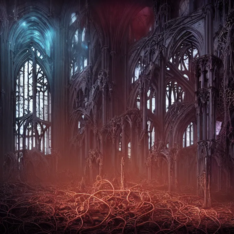 Image similar to ribbed abandoned gothic cathedral exterior on exoplanet, covered with tentacles, roots, wires, tubes, colorful neon lights, cyberpunk, baroque painting, standing in a desolate empty wasteland, creepy, nightmare, dream-like heavy atmosphere, surreal abandoned buildings, beautiful detailed intricate insanely detailed octane render trending on Artstation, 8K artistic photography, photorealistic, volumetric cinematic light, chiaroscuro, Raphael, Caravaggio, Beksinski, Giger