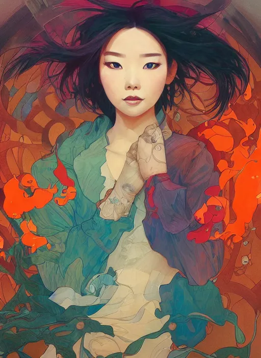 Image similar to view through window, mulan, orange, splash aura in motion, floating pieces, painted art by tsuyoshi nagano, greg rutkowski, artgerm, alphonse mucha, spike painting