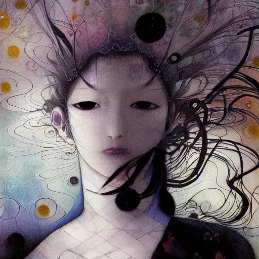 Image similar to yoshitaka amano blurred and dreamy realistic illustration of a woman with black eyes and white hair wearing dress suit with tie, junji ito abstract patterns in the background, satoshi kon anime, noisy film grain effect, highly detailed, renaissance oil painting, weird portrait angle, blurred lost edges, three quarter view