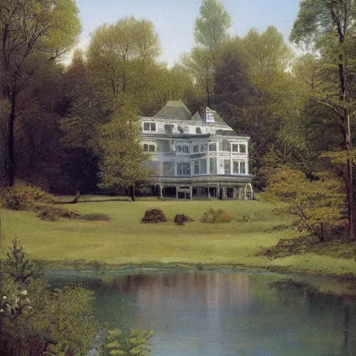 Image similar to Victorian mansion in the woods of Maine, a lake beside it, felix Kelly