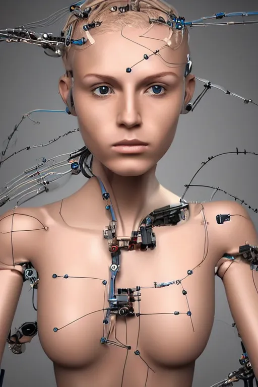 Image similar to robot with human face, female head, full body angle, woman human face, human face realistic, beautiful blonde hair, human head, human head with blonde hair, blonde hair human head, blonde hair, human realistic face, human head skin, cyborg frame concept, cyborg by ales-kotnik, sci-fi android female, the body is made of wires, robotic body, cyborg body, cyborg bust body, robot body cyborg, full body
