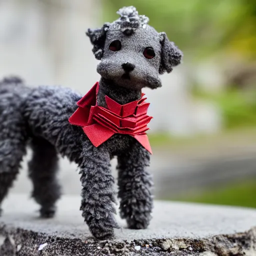 Prompt: a grey black hairless miniature toy poodle in the Taiwan valleys, made from origami, videogame still in Tekken 7, 40mm lens, shallow depth of field, split lighting