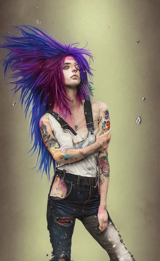 Prompt: a grungy punk woman with rainbow hair, drunk, angry, soft eyes and narrow chin, dainty figure, long hair straight down, torn overalls, basic white background, side boob, in the rain, wet shirt, symmetrical, single person, style of by Jordan Grimmer and greg rutkowski, crisp lines and color,