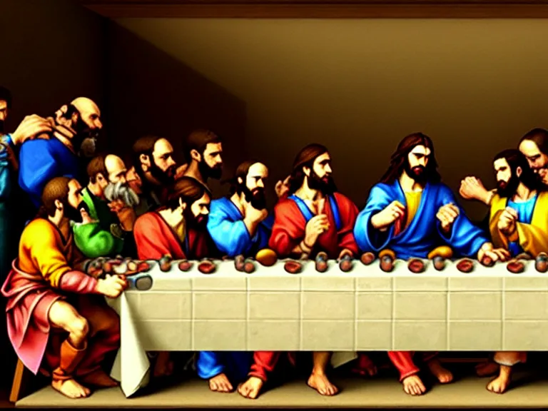 Prompt: smash bros renaissance painting of the last supper with nintendo consoles and game boxes piled everywhere