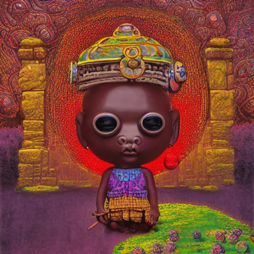 Prompt: wide angle dynamic portrait of a chibbi dogon priest in a rose garden with a red pond and a golden ornate steampunk portal, amigurumi by mark ryden and todd schorr and mark davis and zdislaw beksinski in a surreal lowbrow style, digital paint, matte paint, vivid synthwave colors, breathtaking landsape