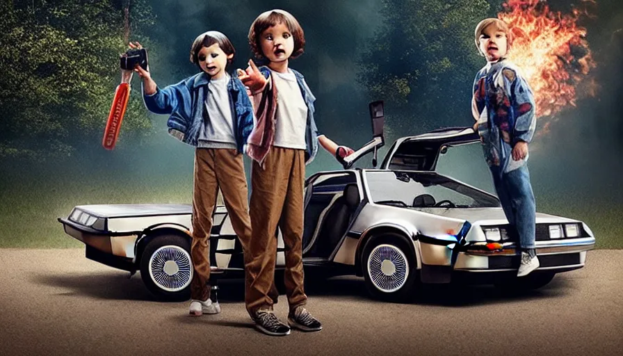 Image similar to eleven from stranger things standing next to the delorean from (back to the future), real life, fire trails behind tires, photoshoot, hyper realistic